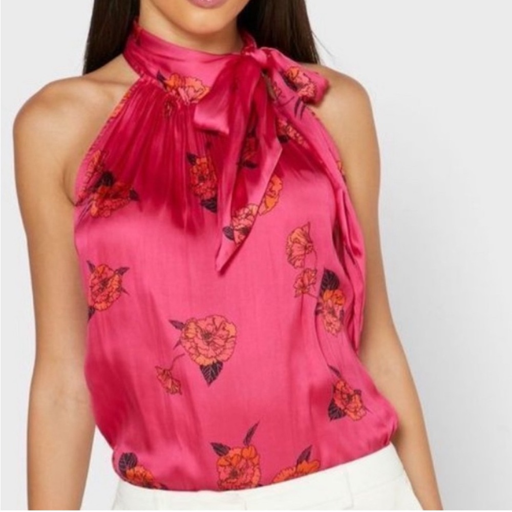 Banana Republic Pink Midnight Floaty Floral Sleeveless‎ Tie at Neck Top Petite S